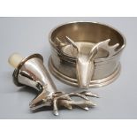 Pewter stags head, wine coaster and bottle stop