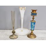 Whitefriars bud vase, victorian milk glass epergne type centre vase and a Mary Gregory style