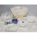 Tray of glassware includes Thomas Webb and Lenox bowls, colour glass paperweights and 3D cat