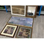 4 framed prints and a mirror