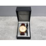 Diamond and co masterpiece gold plated calendar wristwatch with brown leather straps and original