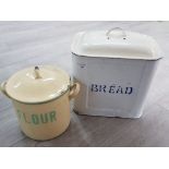 Vintage enamelled bread bin and twin handled flour bin