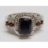 Silver plated smokey quartz and garnet ring, size S, 4.4g gross
