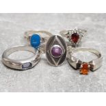 5 silver ladies dress rings, all with different coloured stones 16.7g