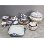 A Coalport blue and white part tea service with green puce mark, and three tureens.