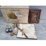 Boxed LED elephant by the Leonardo Collection together with wooden photo frame, cruet set etc