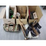 A wooden sculpture of a giraffe, signare cloth travel bag, leather jacket etc in 3 boxes.