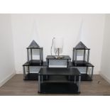 A four piece laminate entertainment unit, a pair of table lamps, and another with glass shade.