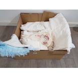 Soft goods to include two large eygptian cotton bed sheets, vintage cot blankets, two bath towels,