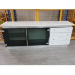 Modern contemporary sideboard fitted with 4 drawers and glass cupboard doors, 183x41cm, height 72cm