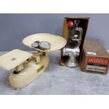 Set of vintage Harper balance scales plus a boxed Harper food chopper