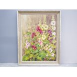 An oil painting by Irene Korner, study of Hollyhocks, signed, 59 x 44cm.