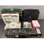 Miscellaneous items including camera tripod, electric bottle opener, 12 piece tea set and more