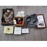 Two empty Chanel boxes, soda siphon, royal grafton teaware, and other items in 2 boxes.