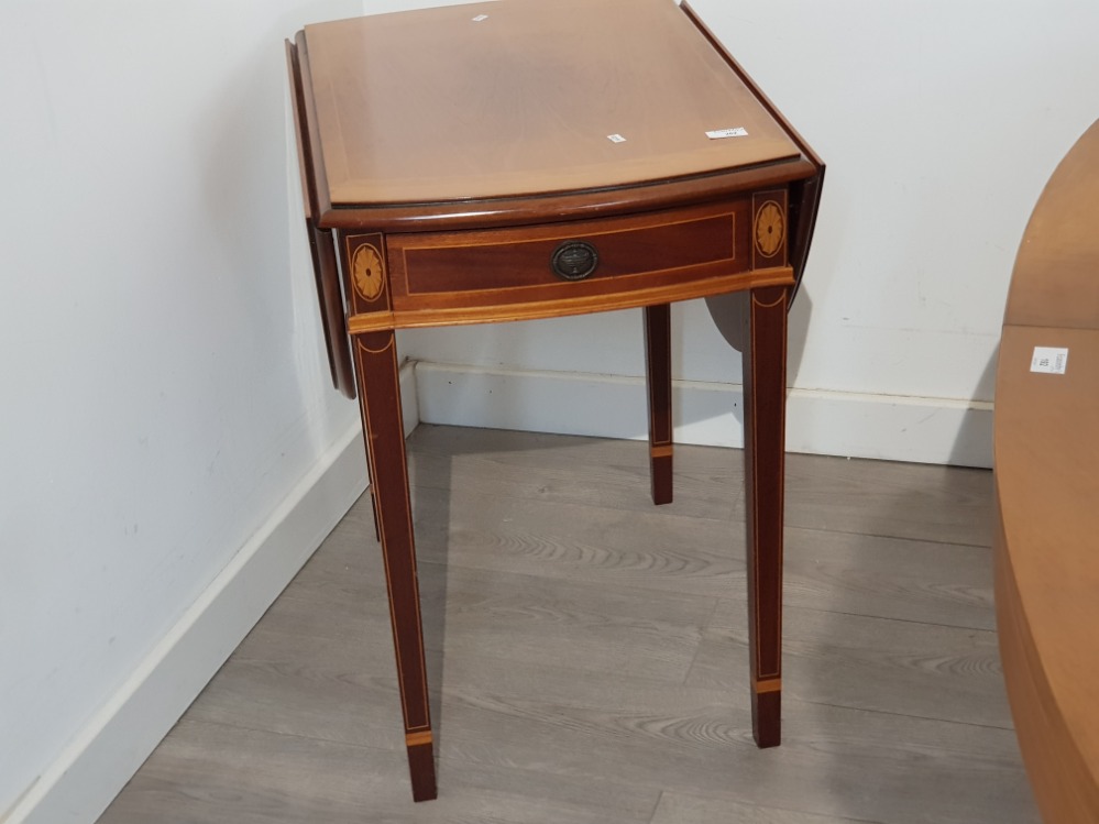 Inlaid drop leaf storage table fitted with 2 drawers