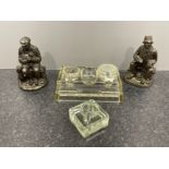 Glass inkwell and 2 bronze effect figures
