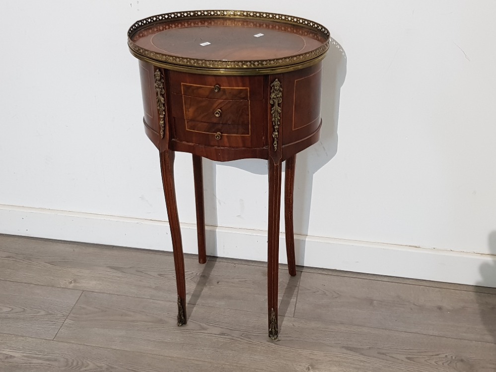 Antique French inlaid 3 drawer side table/Nightstand with brass Ormolu accents