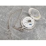 Silver coloured white metal hunter pocket watch with chain