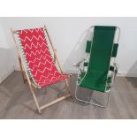 A Fleetway Miami aerolite metal and green canvas deck chair, together with a wooden one.
