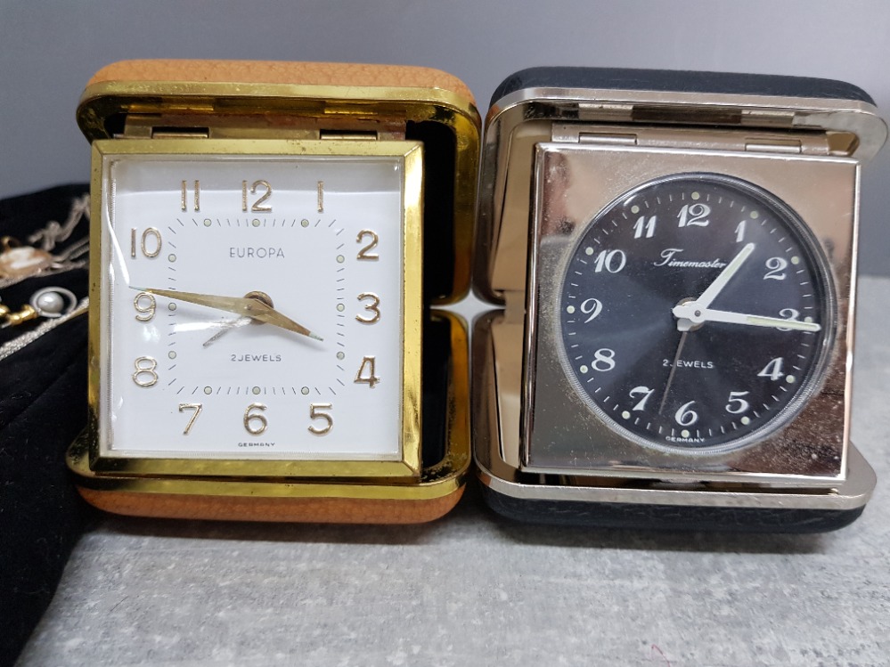 Gold plated, silver and other costume jewellery and two travelling clocks by time timemaster and - Image 3 of 3