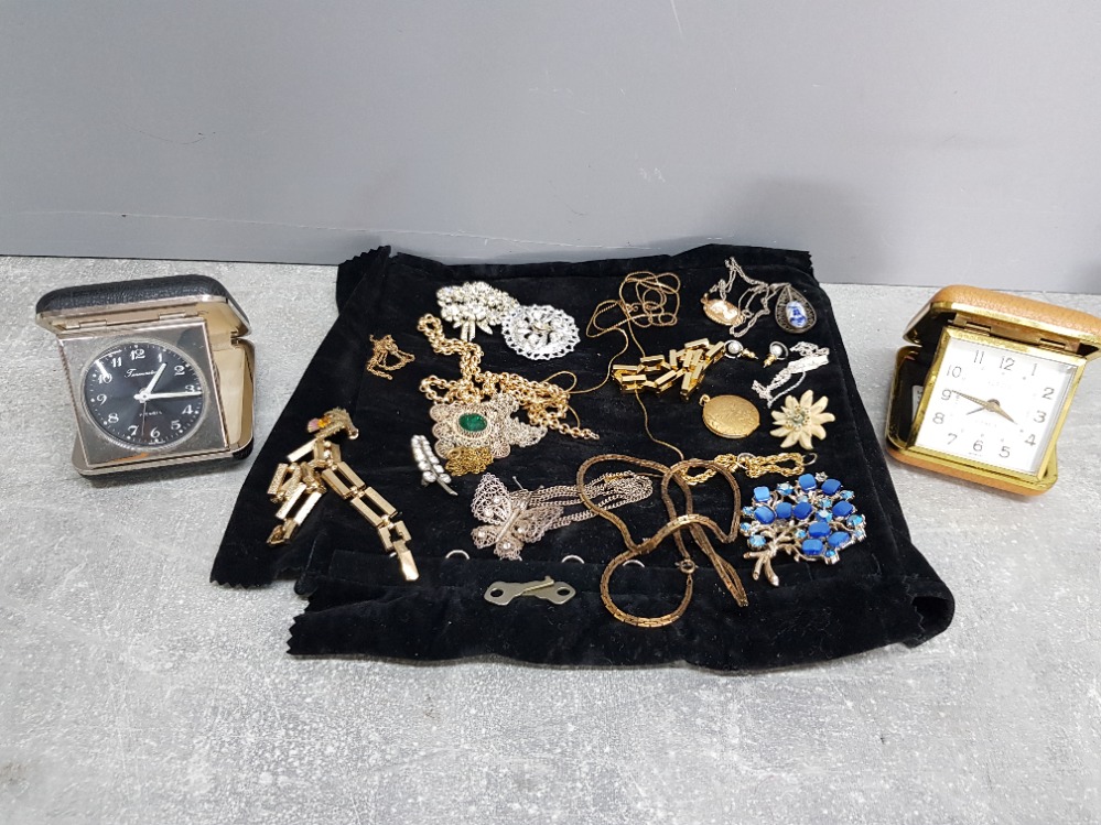 Gold plated, silver and other costume jewellery and two travelling clocks by time timemaster and