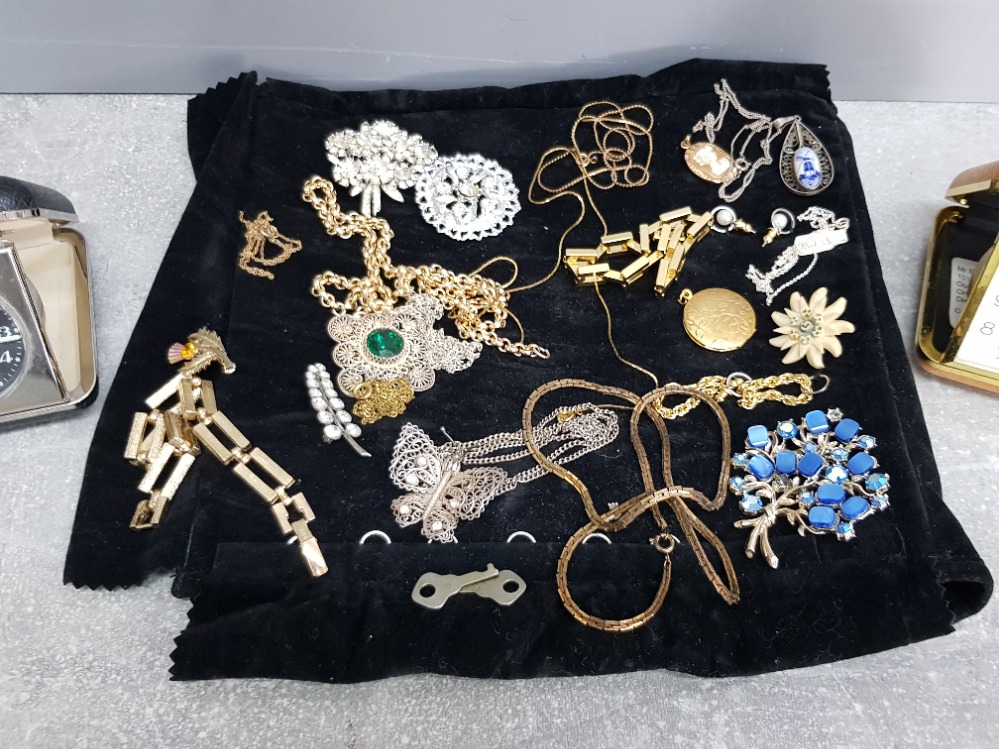 Gold plated, silver and other costume jewellery and two travelling clocks by time timemaster and - Image 2 of 3