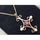 Silver gilt garnet and pearl pendant and chain, 4.9g gross