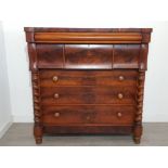 A Victorian flame mahogany scotch chest of drawers with barley twist pilasters 130 x 135.5 x 63cm