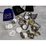 A selection of 11 metal pocket watches, most with chains