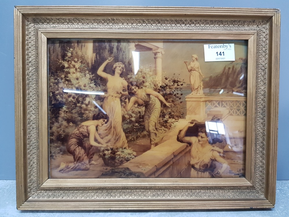 A victorian crystoleum depicting maidens in a garden, 17 x 24cm.