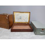 3 items to include solid Oak microscope case, Mahogany case and metal single drawer industrial