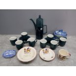 A staffordhire part coffee set, ironstone tureen on stand, three pieces of noddy nursery crockery