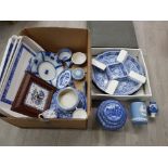 Blue and white ceramics to include spode Italian, wedgwood, ringtons, etc and three dinner trays.