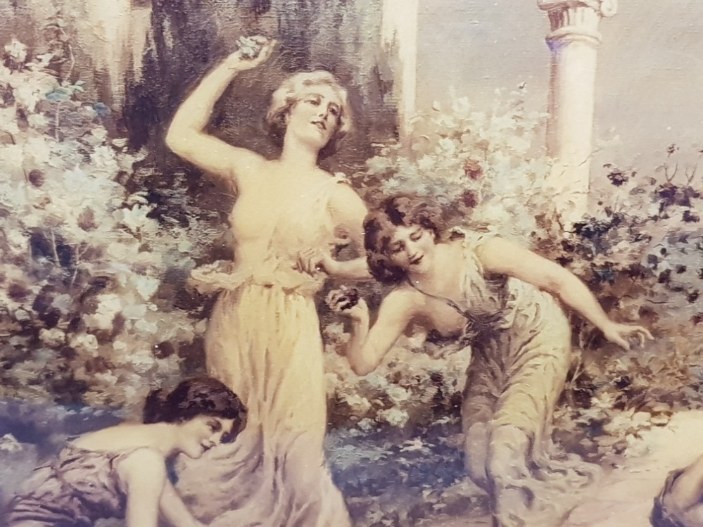 A victorian crystoleum depicting maidens in a garden, 17 x 24cm. - Image 2 of 3