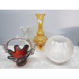 Glassware including a shade, chimney and amber vase. 4