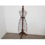 Large metal dress makers mannequin on wooden pedestal stand, height 60"