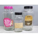 3 large vintage glass lidded jars includes Quality Street, Goldy Mints and Owd Tom's cough tablets