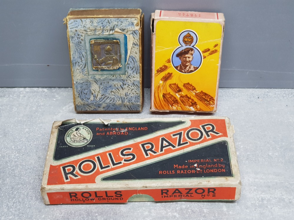 WW2 Monty desert campaign playing cards, Royal scot Greys card and WW2 rolls razor all in original