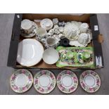 A maling part dressing table set, 4 Royal Worcester 'Royal Garden' tea plates, paragon mug etc.