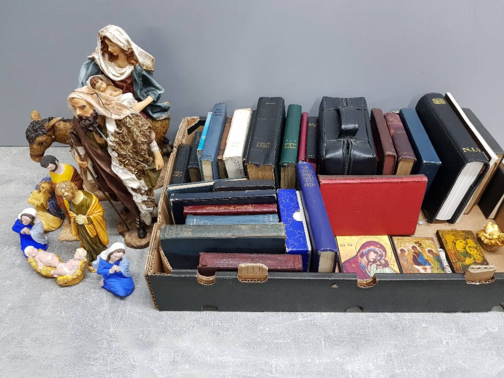 Box containing a large Quantity of Holy Bibles, Religious Nativity figures and Plaques