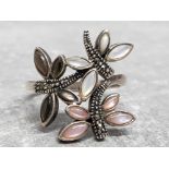 Silver, mother of pearl and marcasite butterfly ring, size S, 5.3g gross