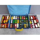 Vintage matchbox carrycase full of mixed matchbox cars, some military etc