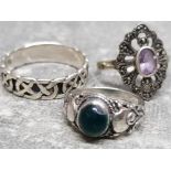 3 silver rings includes celtic band, onyx and marcasite, combined gross weight 7.9g gross