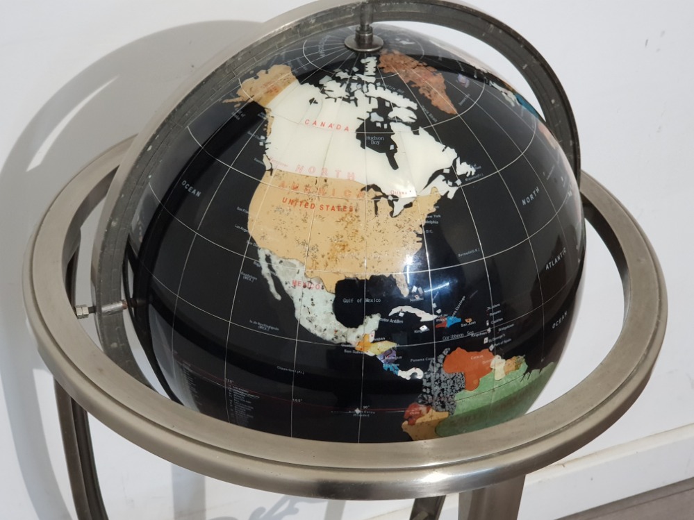 Large Gemstone globe on Metal tripod stand fitted with below compass