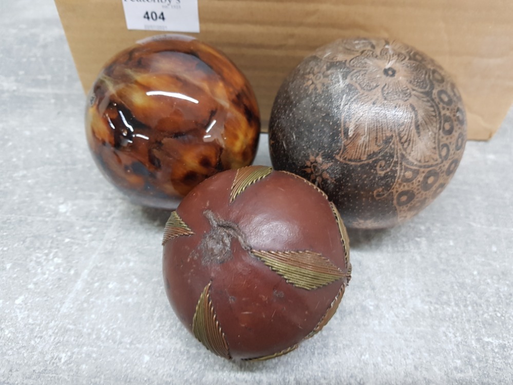 Various decorative balls and carpet bowles in wood pottery etc. - Image 2 of 3