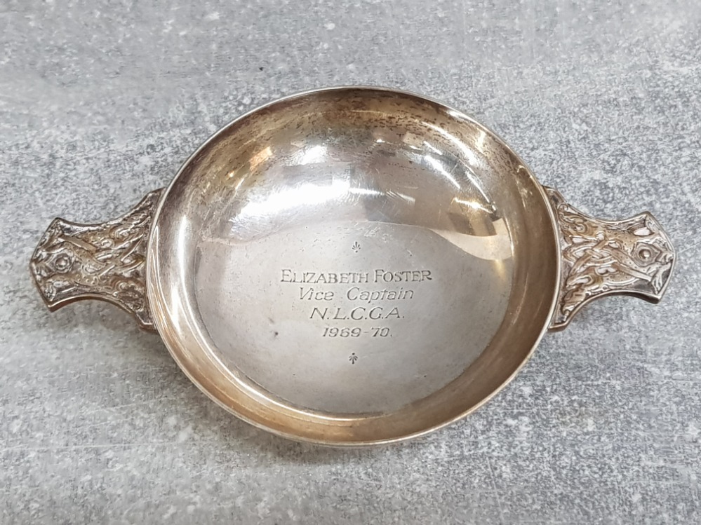Military hallmarked silver twin handled dish,Elizabeth Foster vice captain N.L.C.G.A 1969-1970,