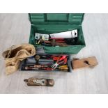 A toolbox with contents to include a Stanley plane, chisels, moulding plane etc.