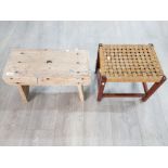 A stripped pine cracket stool and another with reed seat.