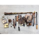 Miscellaneous recorder and pipe parts, and a collection of reeds.