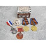 Minature inlaid Mother of pearl box together with 4 Foreign war medals